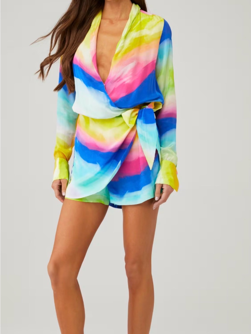 Rococo Sand Multicolor Watercolor Wrap Romper in Blue Pink Yellow